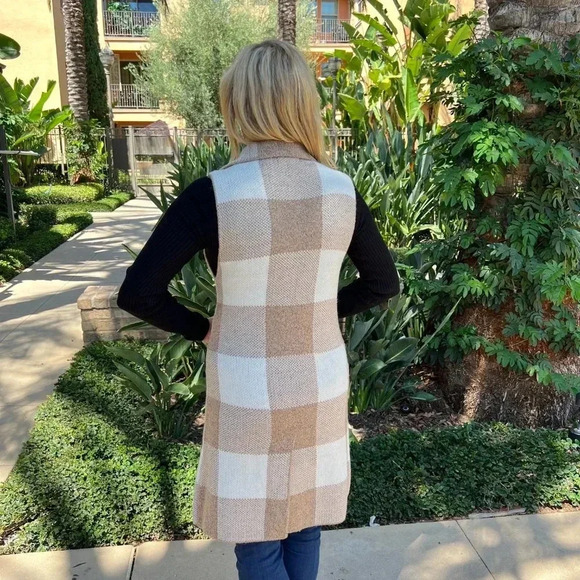 Love Tree Open Front Plaid Long Cardigan Vest Heather Khaki Brown With Pockets - Picture 5 of 10